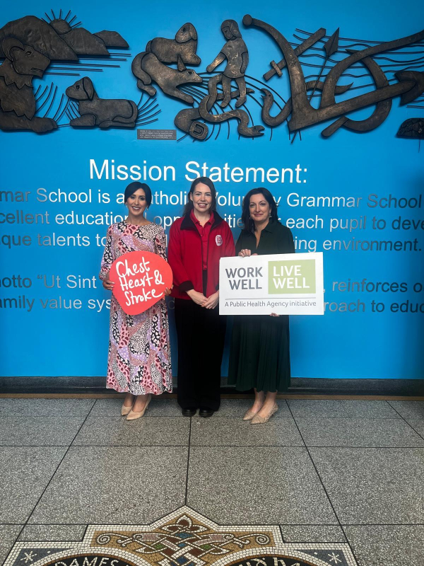 St Louis Mrs Mc Greevy Vice Principal and Mrs O Neill Principal from St Louis Grammar School Ballymena with Aoife Loughran Workplace Health and Wellbeing Coordinator Northern Ireland Chest Heart and Strok